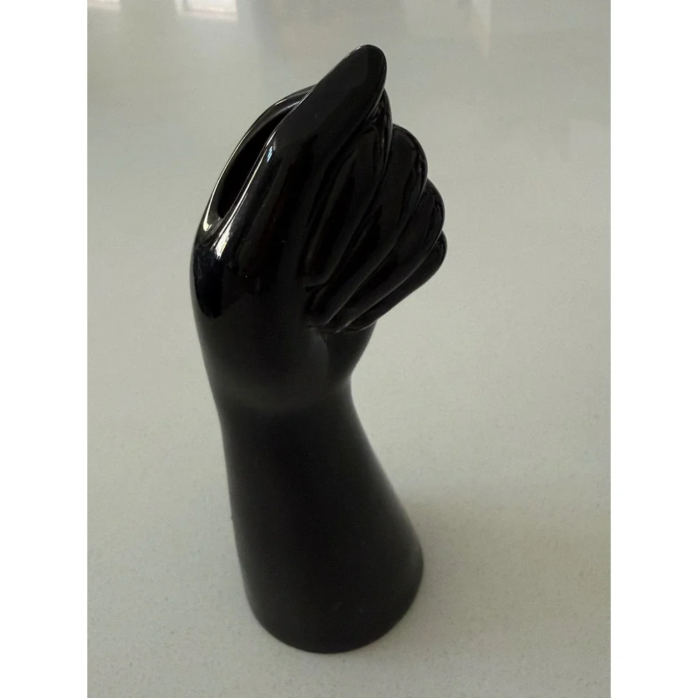 Modern Glossy Black Ceramic Hand Fist Bud Vase Sculptural Home Decor Art